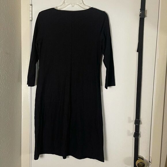 EILEEN FISHER TWIST FRONT CREPE DRESS BLACK 3/4 SLEEVE SIZE SMALL - Picture 5 of 5